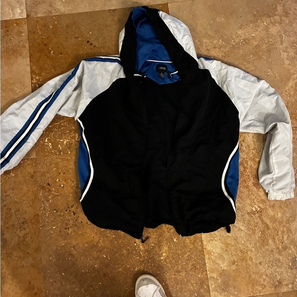 Black and White Hooded Jacket with Blue Accents